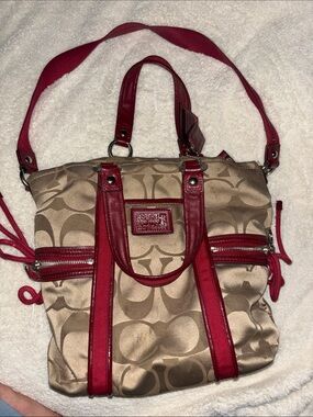 Coach Beige Signature Canvas Tote with Maroon Trim